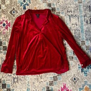 Intro Red Long Sleeve V-Neck Blouse with Tie Front and Notched Collar